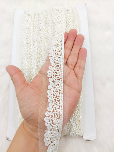 White Net Bridal Trim In White Beaded Embroidery, Hand Embroidered Bead Lace, Embroidered Lace